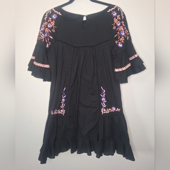 Free People Black Pavlo Floral Embroidered Ruffle Sleeve Dress Lined Bohemian S - Picture 2 of 15